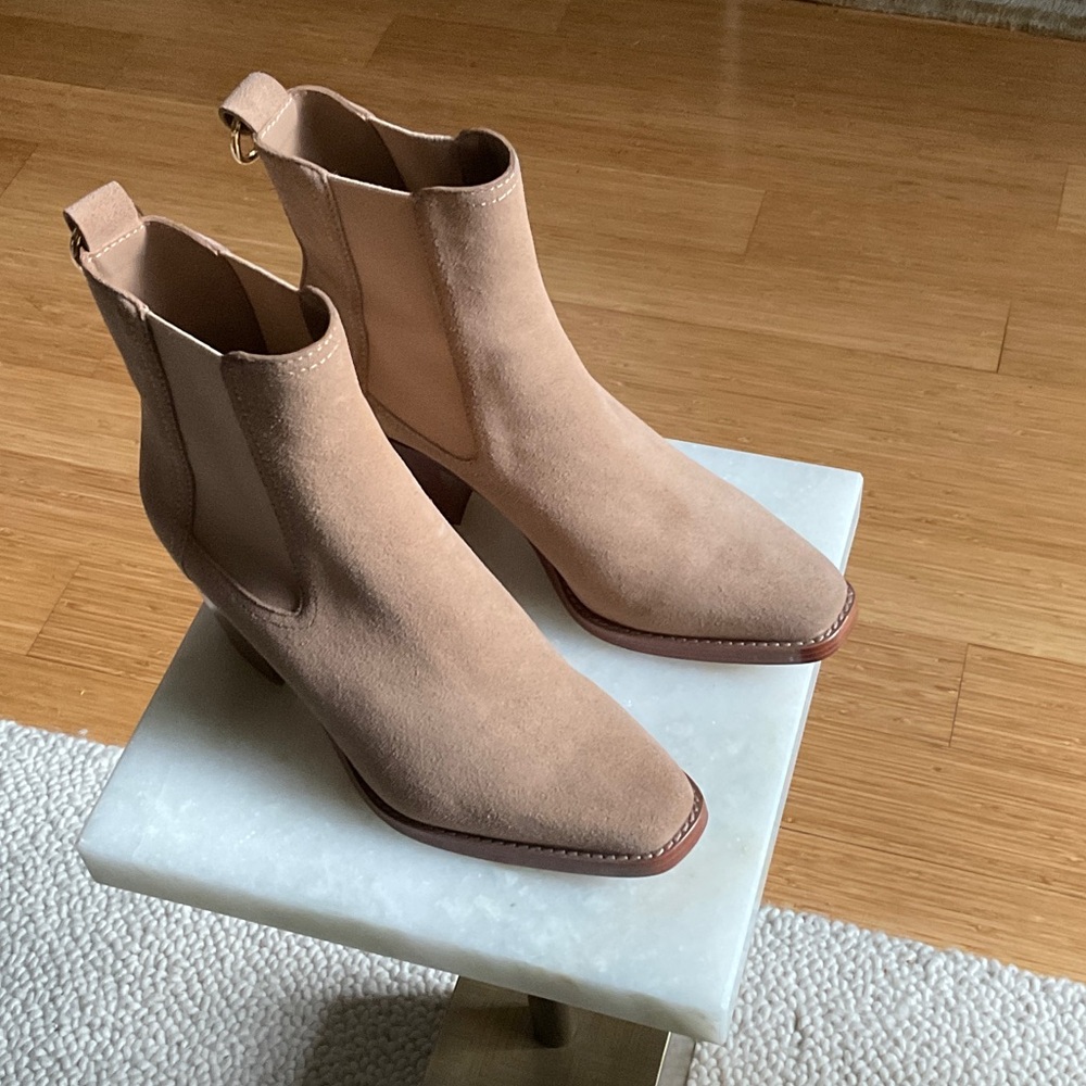 Paige tan Suède booties. Brand new. Never worn.